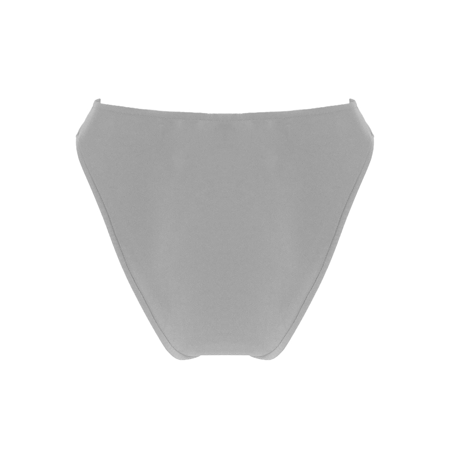 Back view of light grey High waist bikini bottom with high cut legs and cheeky bum coverage.