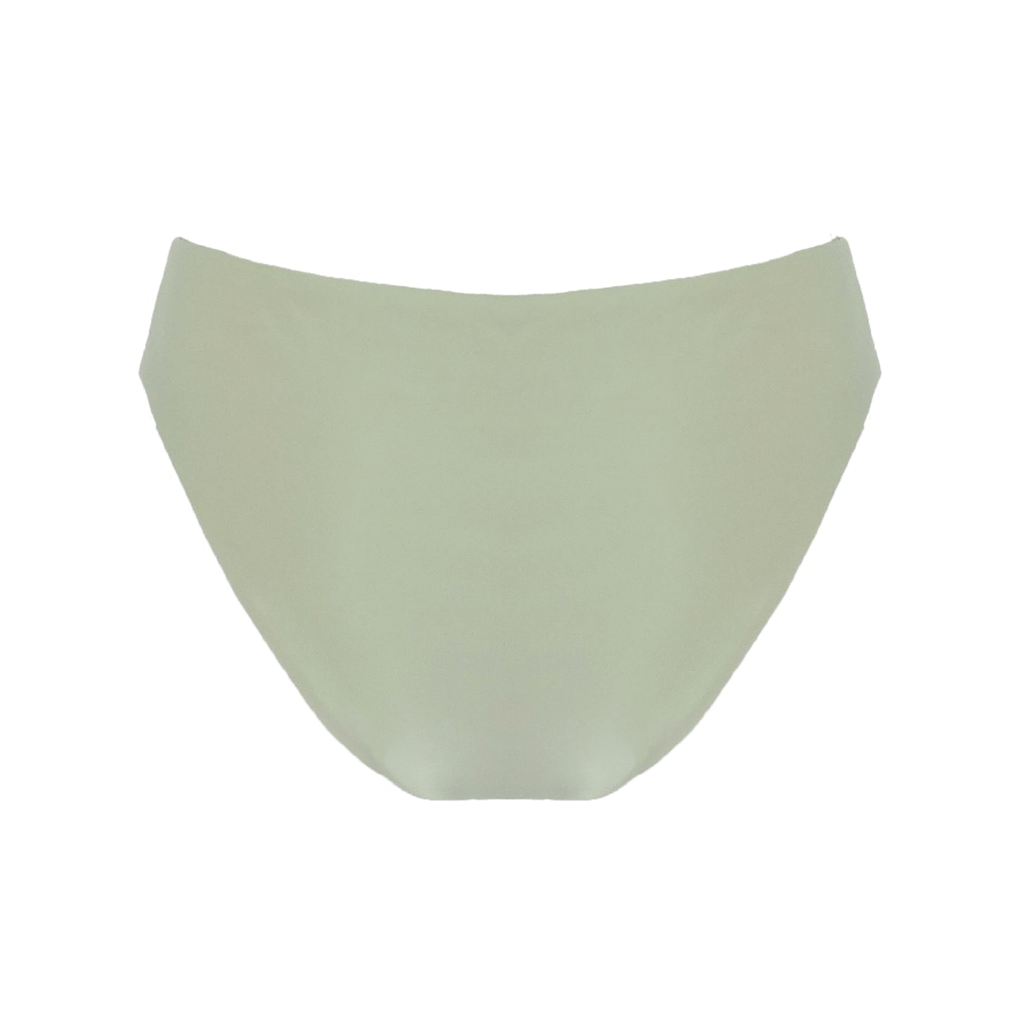 Back of sage high waist cheeky bikini bottom with high cut legs, shapewear benefits, and full bum coverage.