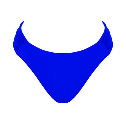 Royal Blue Mid rise bikini bottom with cheeky coverage and wide gathered sides.