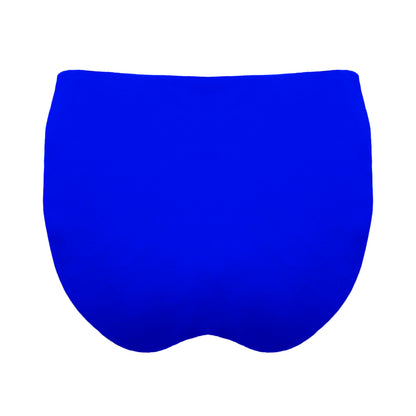 Back view of royal blue Mid rise bikini bottom with cheeky coverage and wide gathered sides.