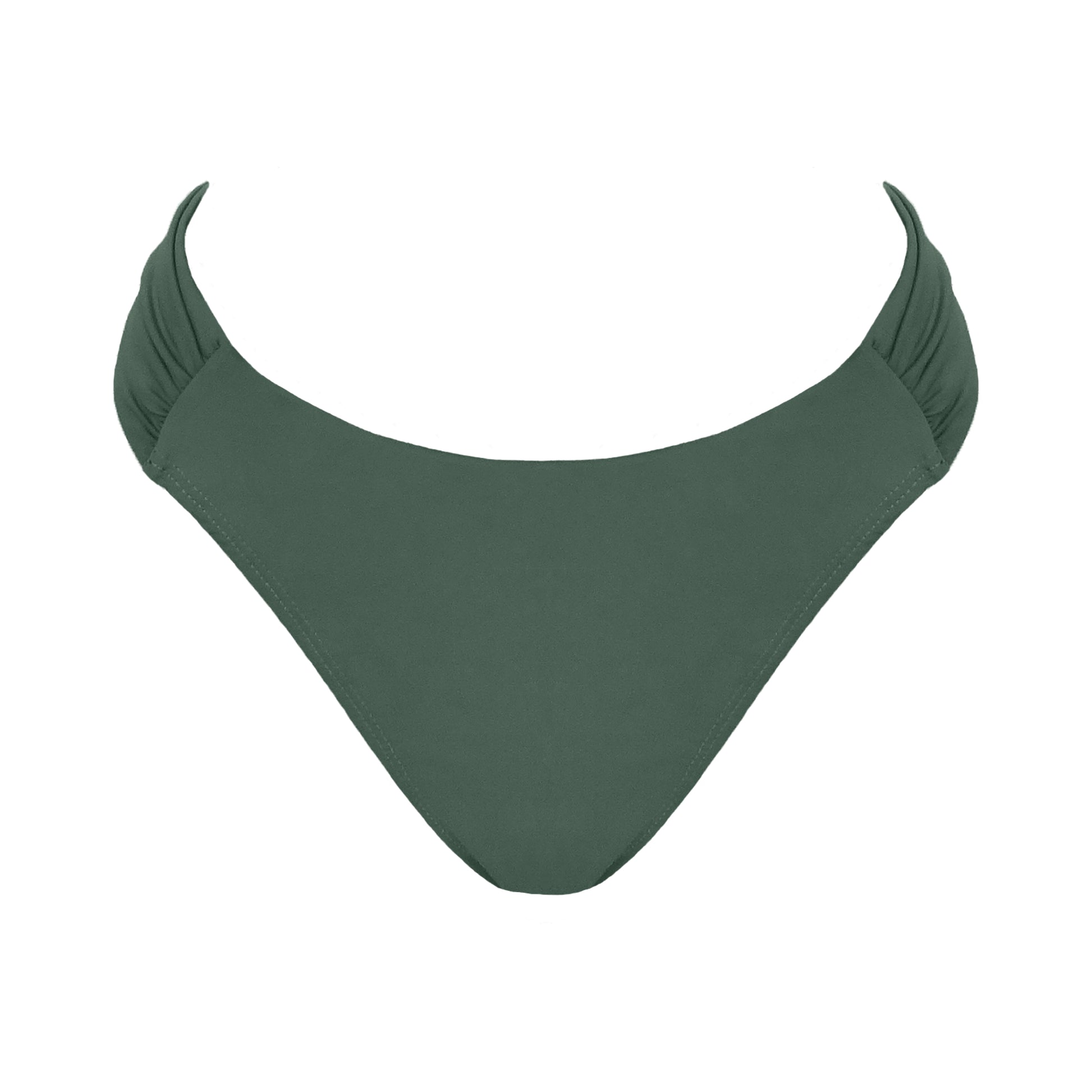 Sage Green Mid rise bikini bottom with cheeky coverage and wide gathered sides.