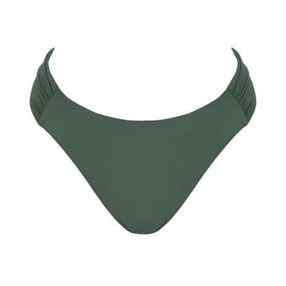 Sage Green Mid rise bikini bottom with cheeky coverage and wide gathered sides.