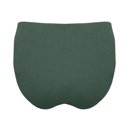 Back view of sage green Mid rise bikini bottom with cheeky coverage and wide gathered sides.