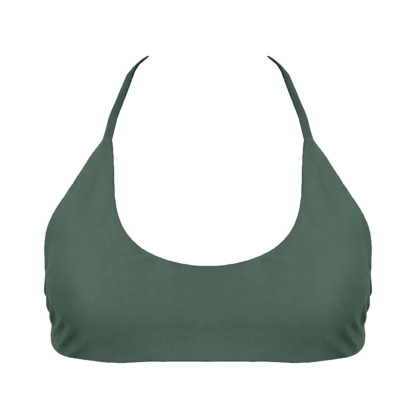Sage green Sports bra inspired bikini top with a bralette scoop neckline and skinny racerback straps.