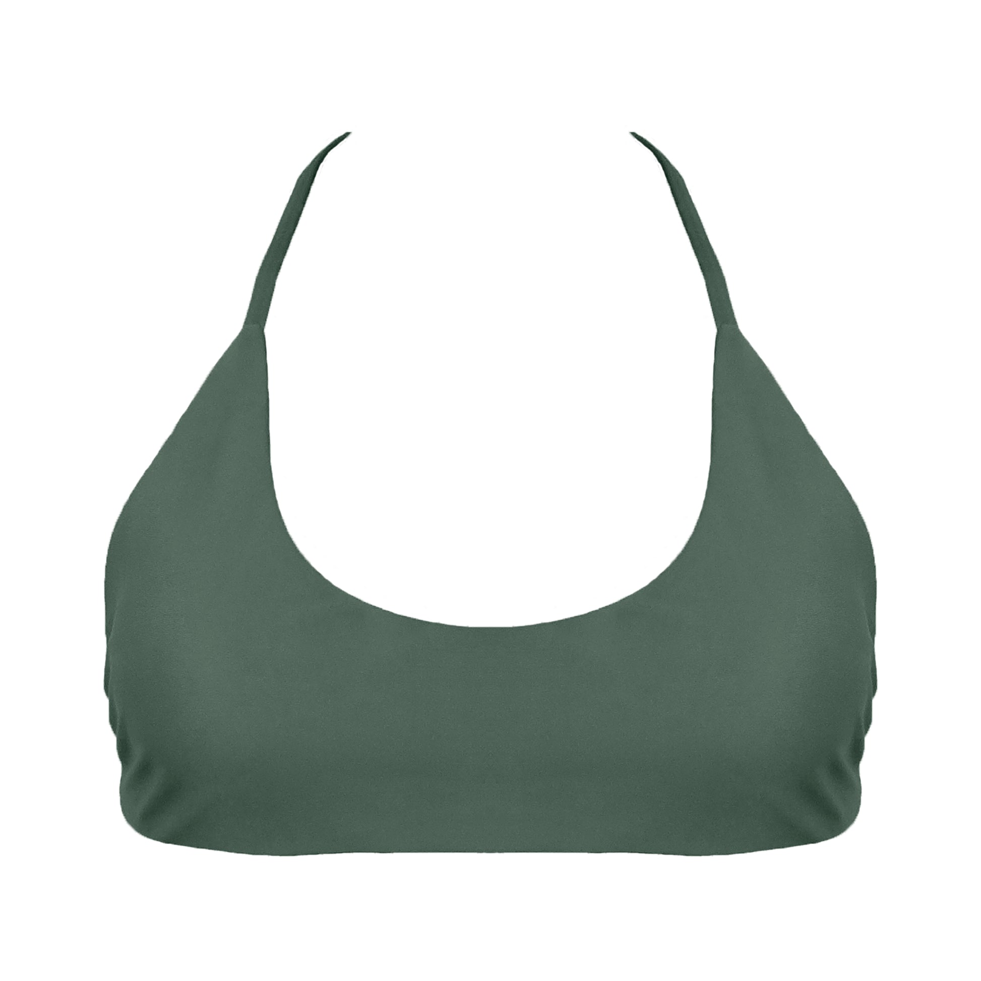 Sage green Sports bra inspired bikini top with a bralette scoop neckline and skinny racerback straps.