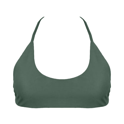 Sage green Sports bra inspired bikini top with a bralette scoop neckline and skinny racerback straps.