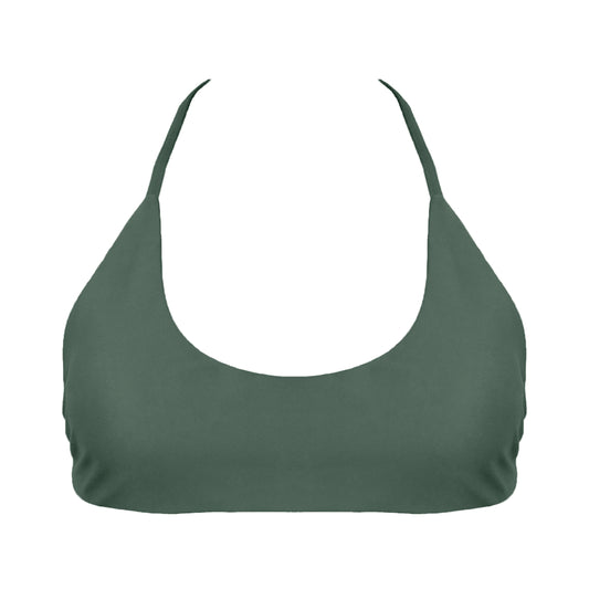 Sage green Sports bra inspired bikini top with a bralette scoop neckline and skinny racerback straps.