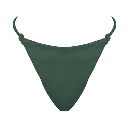 Sage green Skinny side strap mid rise bikini bottom with tie knot details, high cut sides and cheeky coverage.