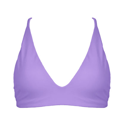 Pastel purple Bralette style, triangle bikini top with plunging v-neckline, adjustable tie back strap and adjustable shoulder straps. 