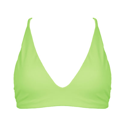 Light neon green Bralette style, triangle bikini top with plunging v-neckline, adjustable tie back strap and adjustable shoulder straps. 