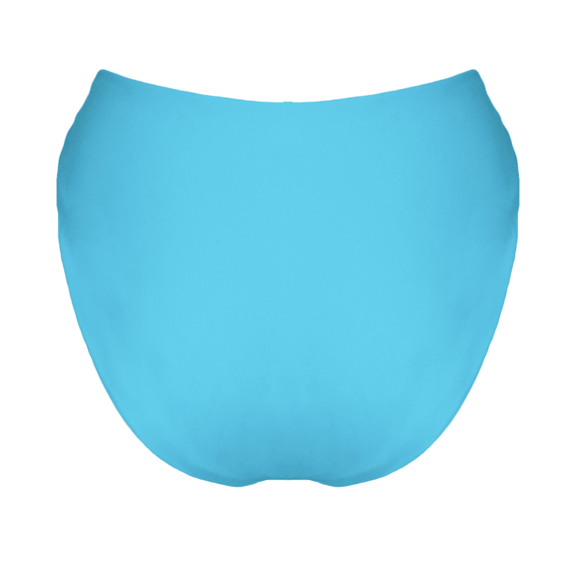 Back view of acqua blue V-front mid rise bikini bottom with high cut sides and cheeky coverage.