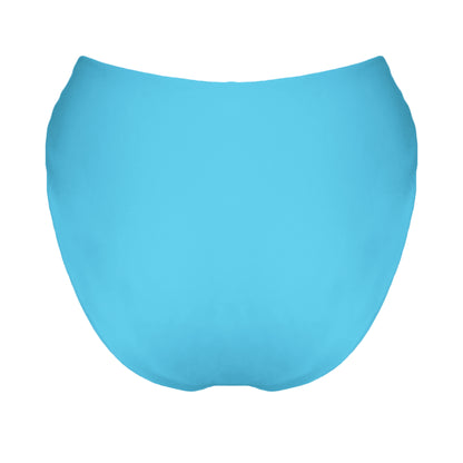 Back view of acqua blue V-front mid rise bikini bottom with high cut sides and cheeky coverage.