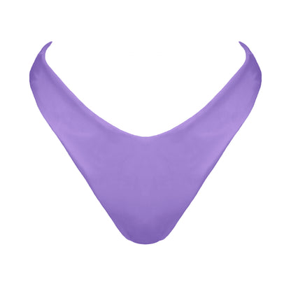 Pastel purple V-front mid rise bikini bottom with high cut sides and cheeky coverage.