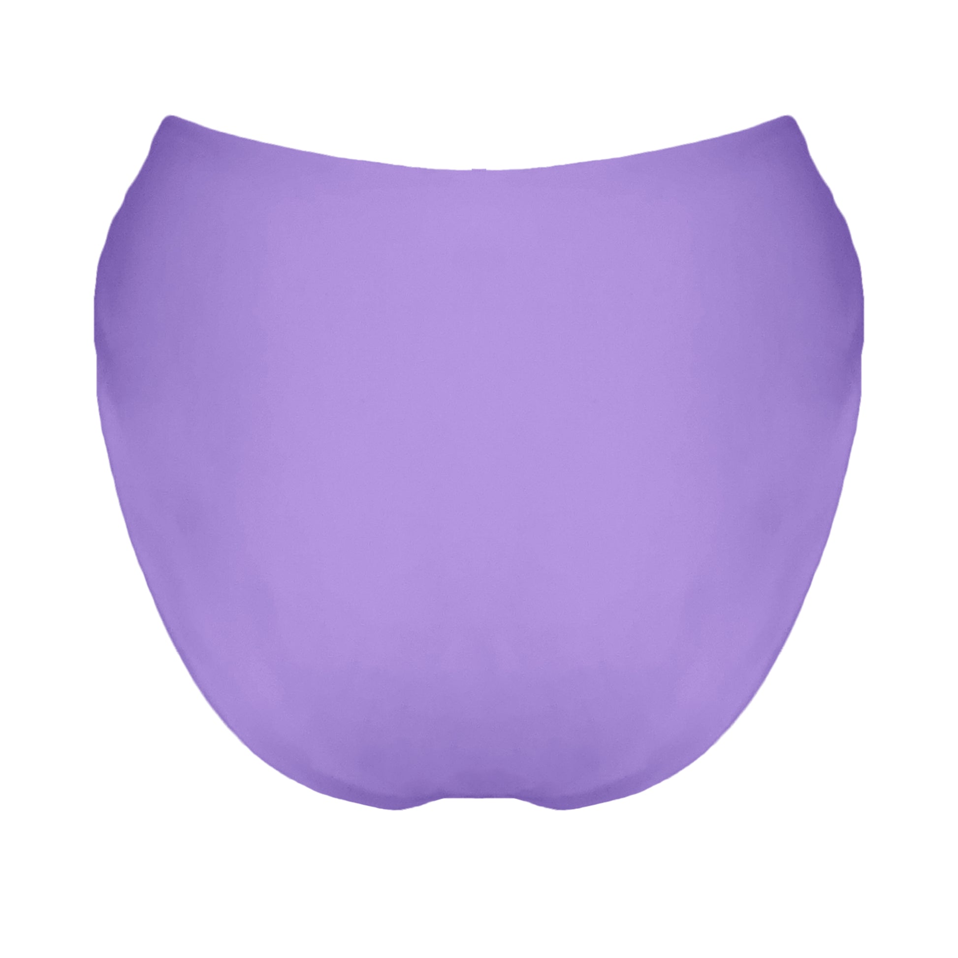 Back view of pastel purple V-front mid rise bikini bottom with high cut sides and cheeky coverage.