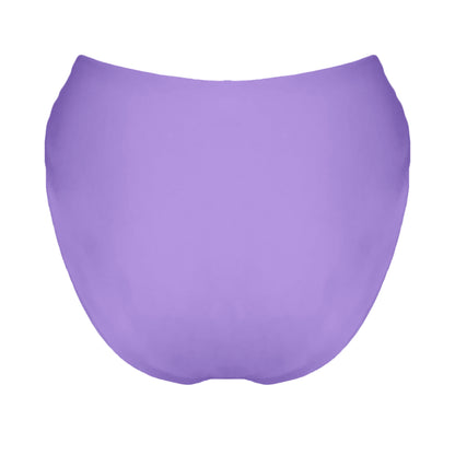 Back view of pastel purple V-front mid rise bikini bottom with high cut sides and cheeky coverage.