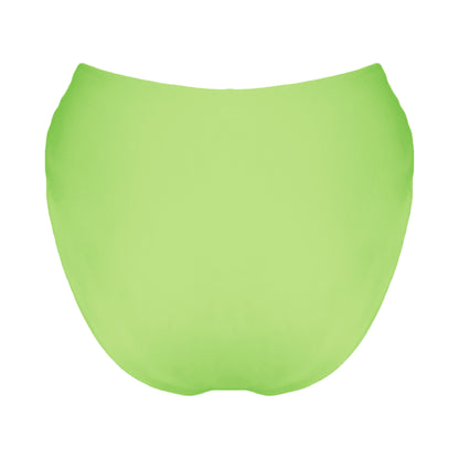 Back view of light neon green V-front mid rise bikini bottom with high cut sides and cheeky coverage.