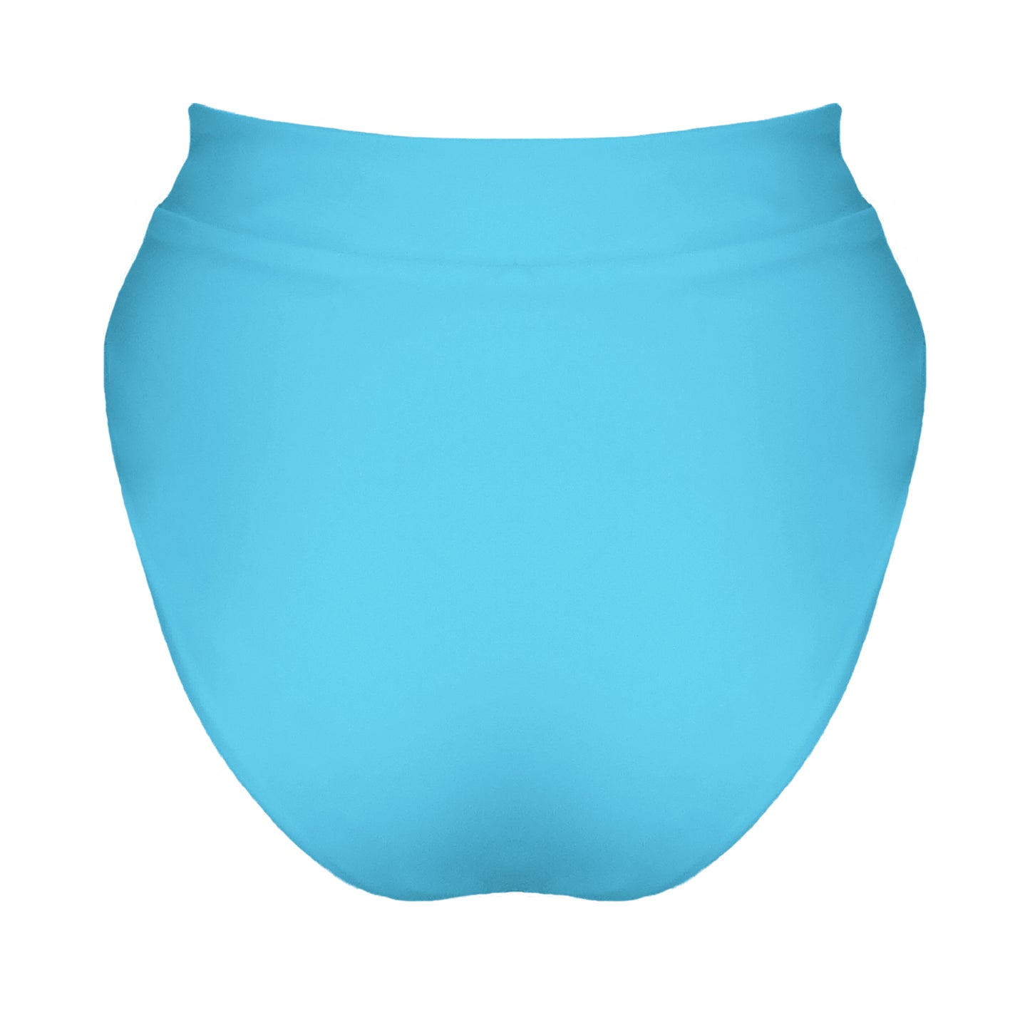 Back view of acqua blue banded high waist full coverage bikini bottom.