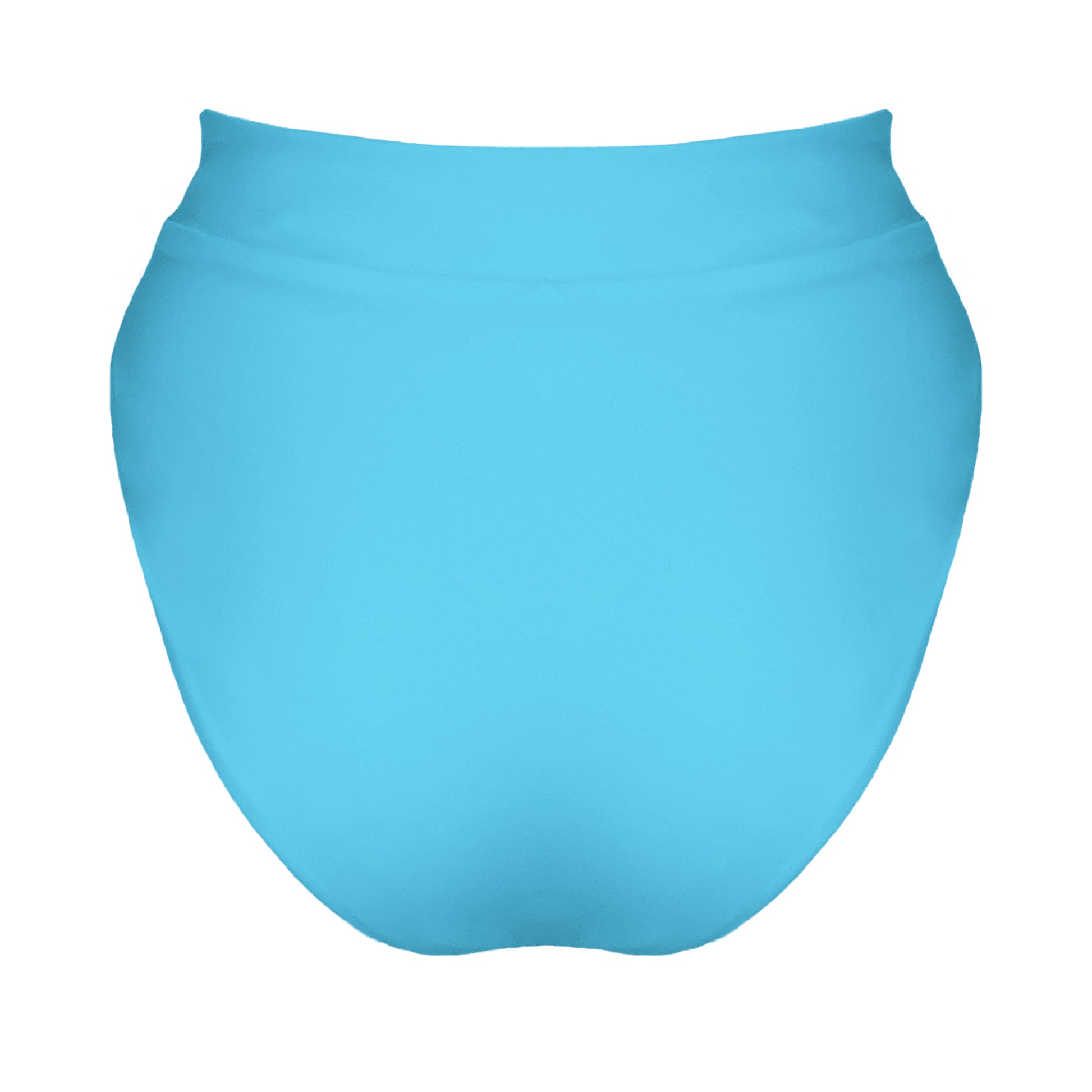 Back view of acqua blue banded high waist full coverage bikini bottom.