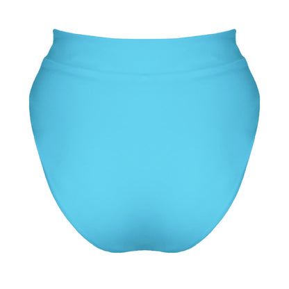 Back view of acqua blue banded high waist full coverage bikini bottom.