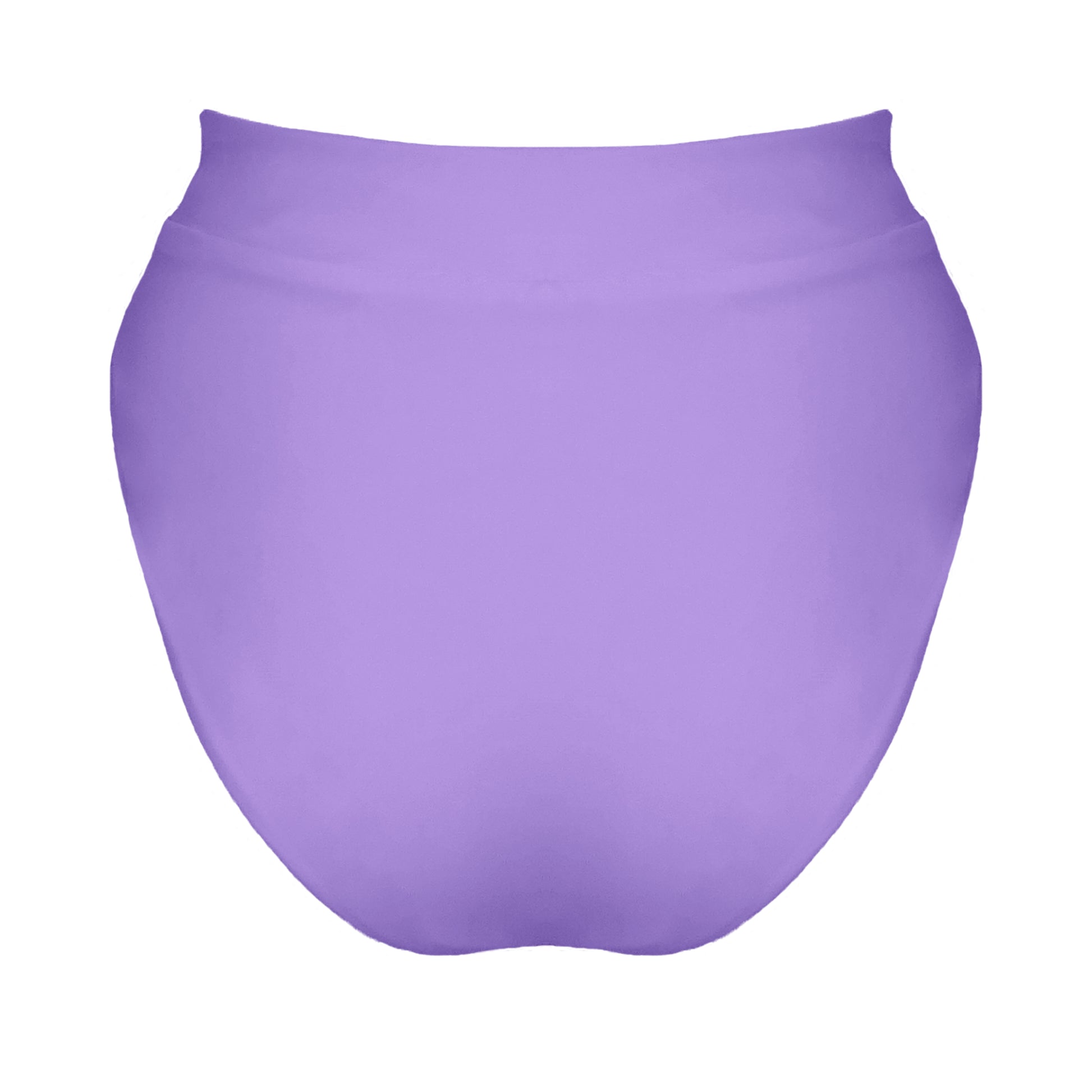 Back view of lavender purple banded high waist full coverage bikini bottom.