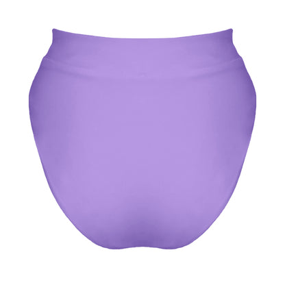 Back view of lavender purple banded high waist full coverage bikini bottom.