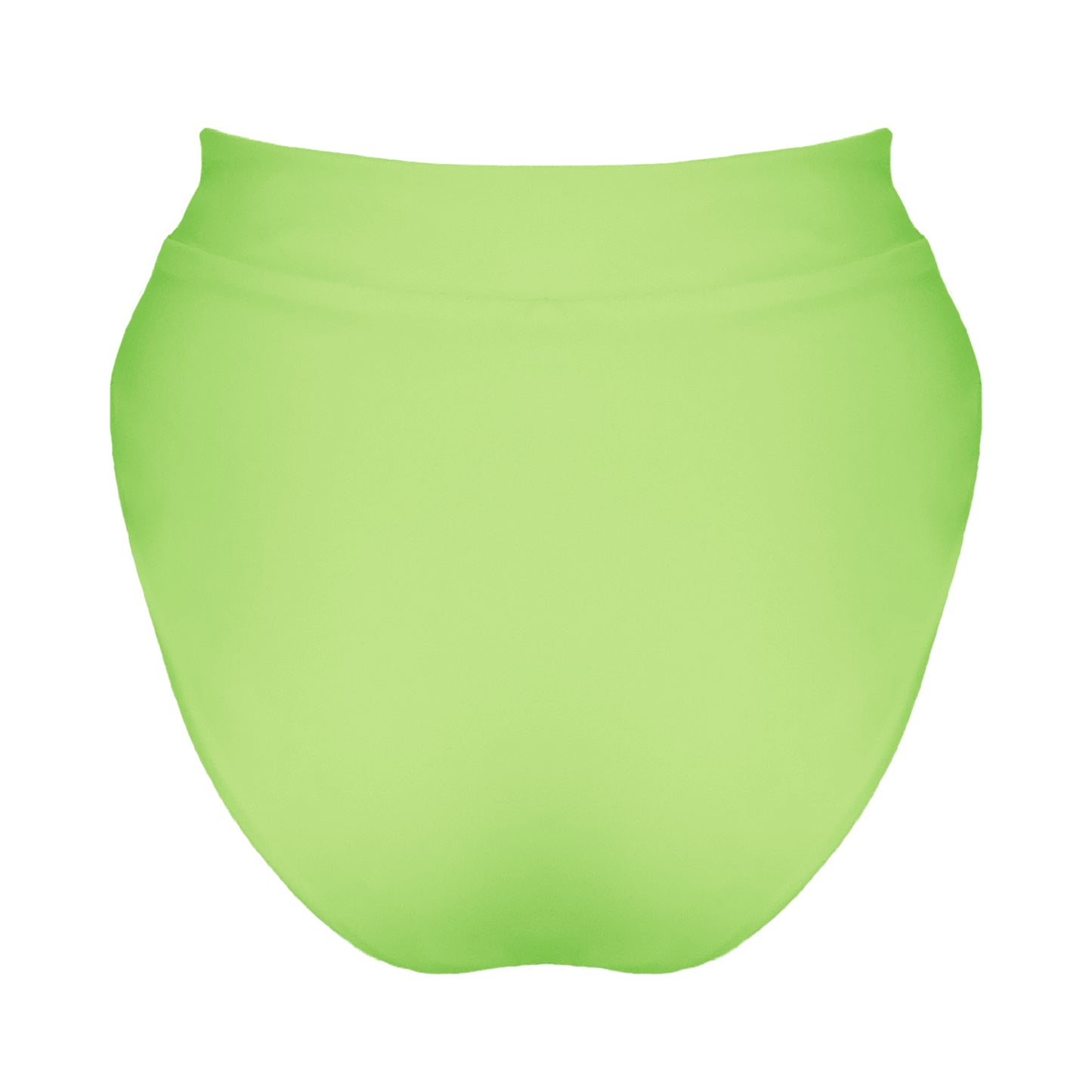 Back view of light neon green banded high waist full coverage bikini bottom.