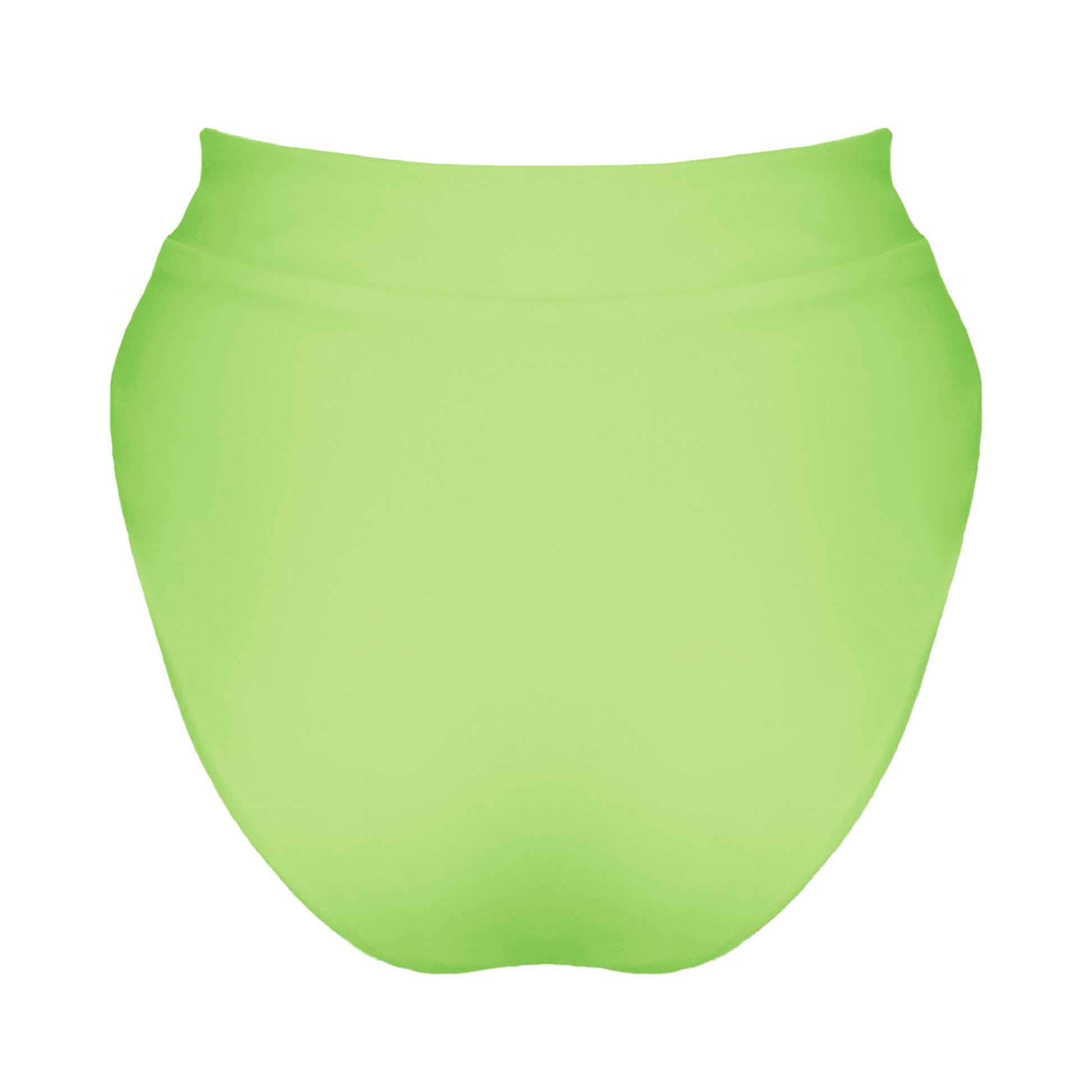 Back view of light neon green banded high waist full coverage bikini bottom.