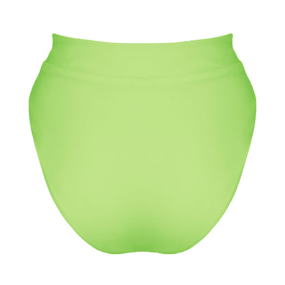 Back view of light neon green banded high waist full coverage bikini bottom.