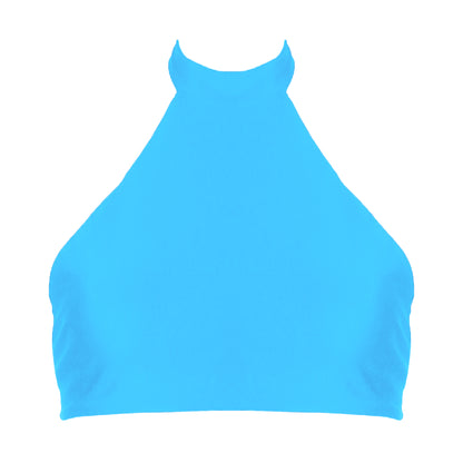 Acqua blue sport inspired halter neck bikini top with adjustable tie back straps.