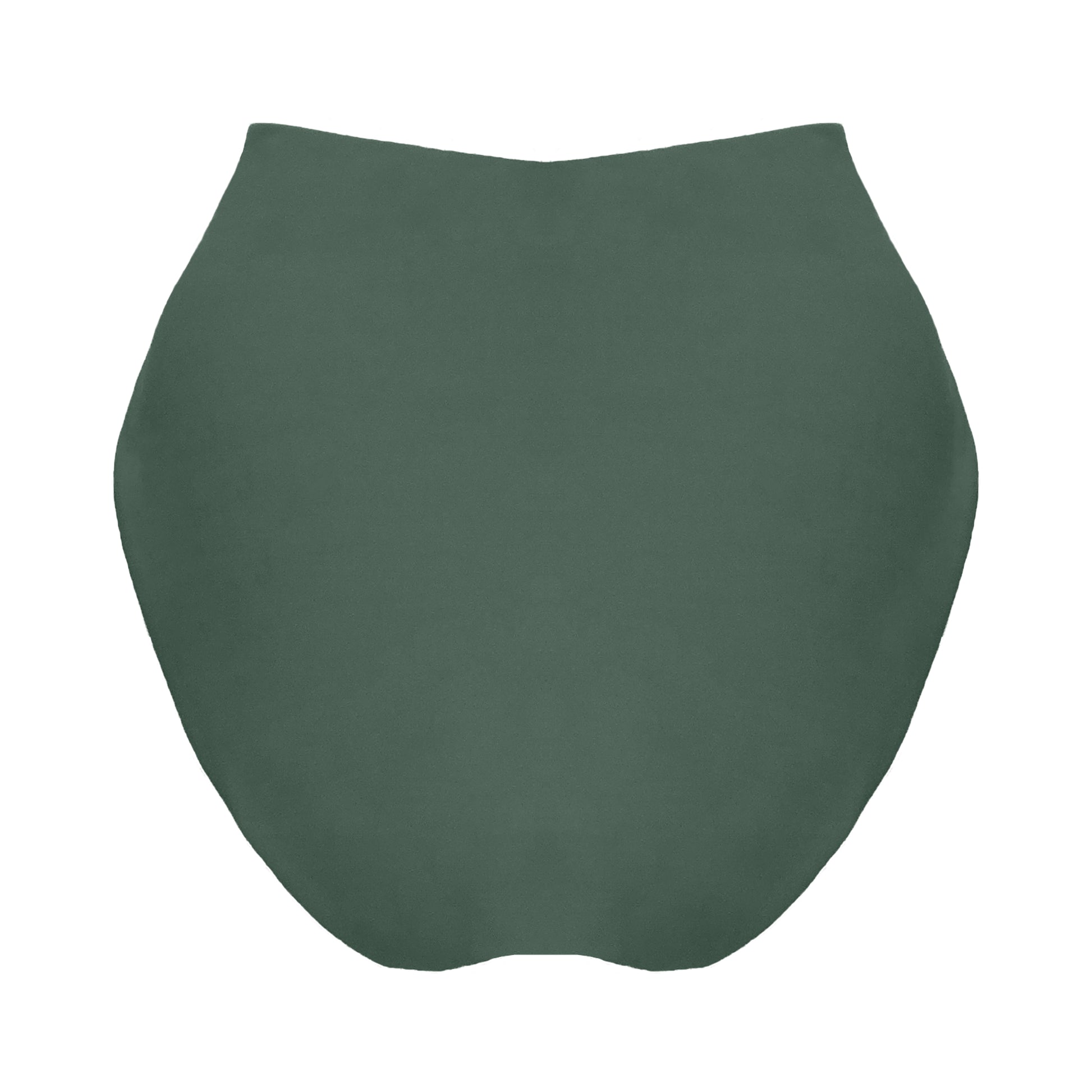 Back view of sage green v-front high rise bikini bottom with a cross front waist brand to accentuate curves, high cut legs and full coverage.