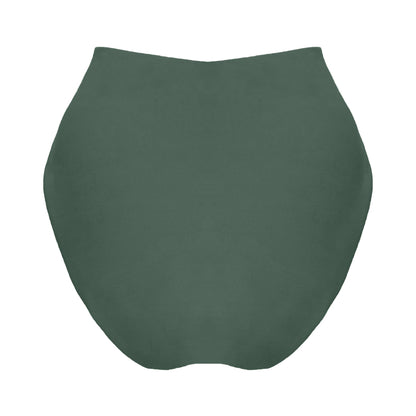 Back view of sage green v-front high rise bikini bottom with a cross front waist brand to accentuate curves, high cut legs and full coverage.