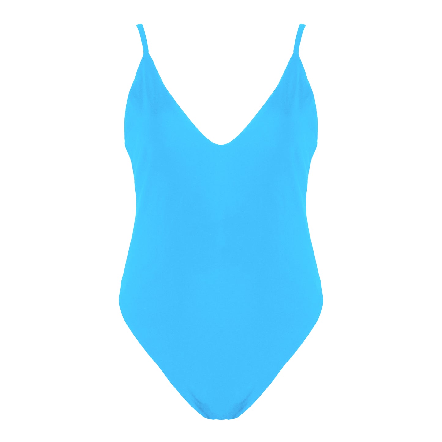 Acqua blue simplistic plunging v-neck one piece swimsuit with a low v-back, high cut legs and full coverage.