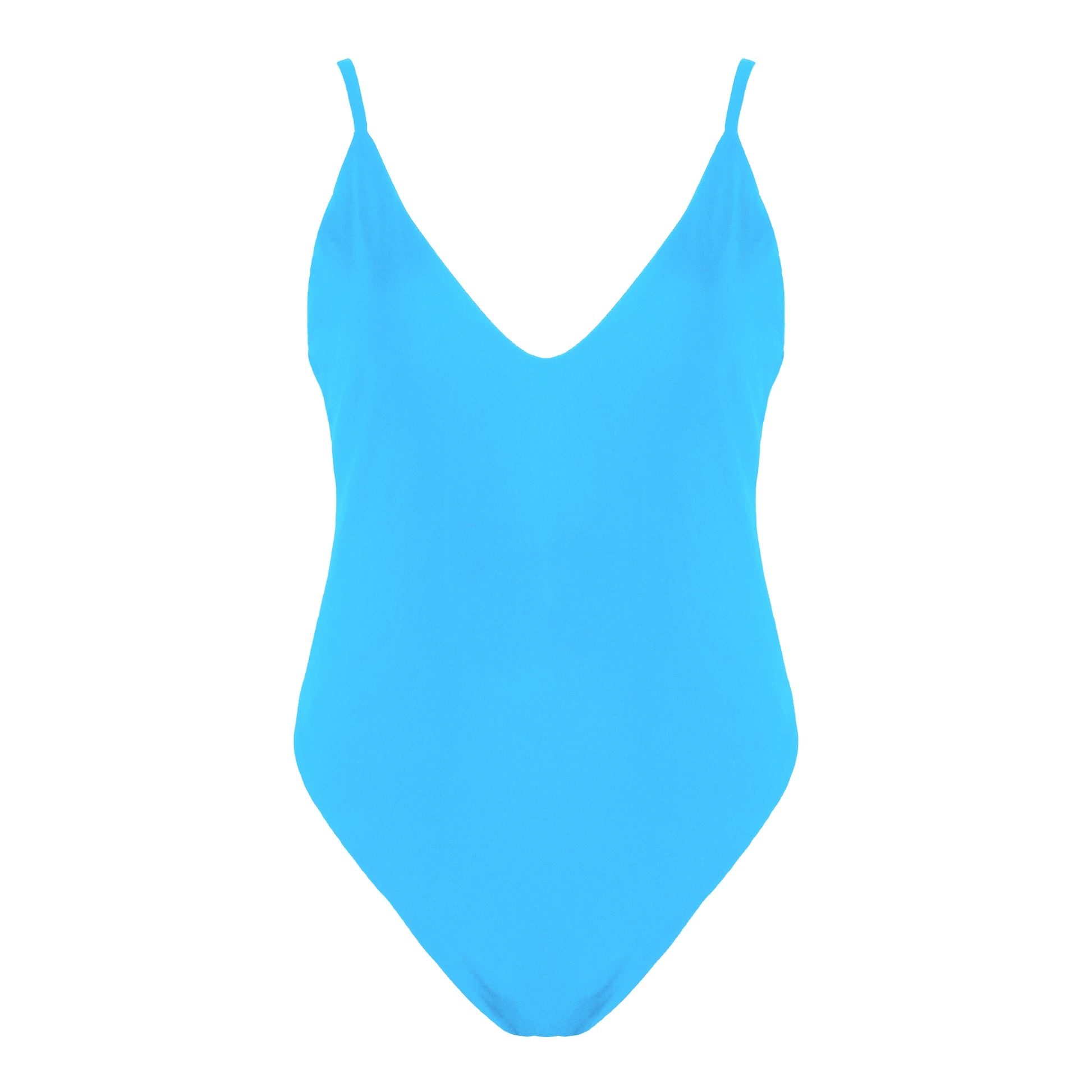 Acqua blue simplistic plunging v-neck one piece swimsuit with a low v-back, high cut legs and full coverage.