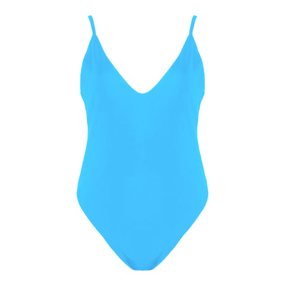 Acqua blue simplistic plunging v-neck one piece swimsuit with a low v-back, high cut legs and full coverage.