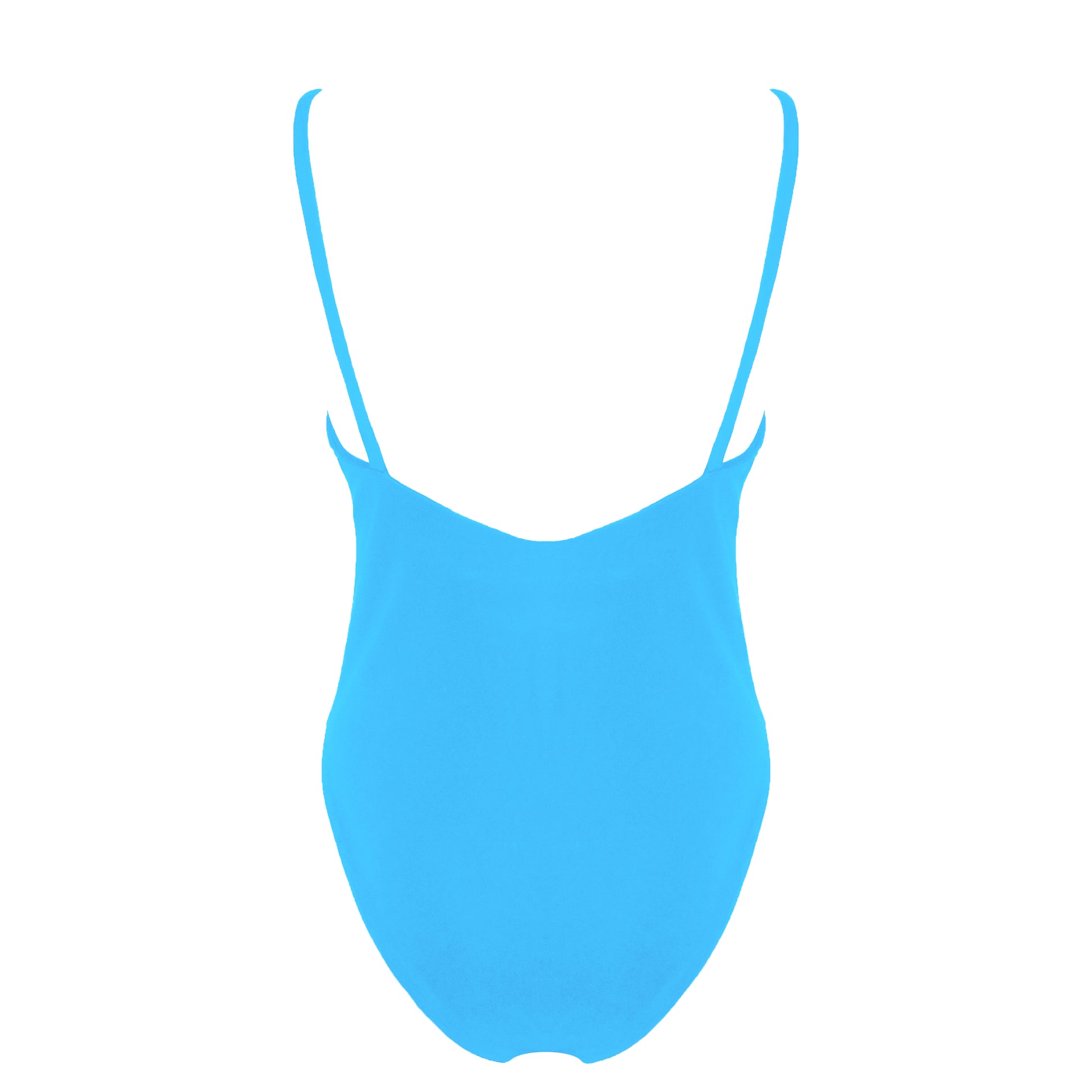 Back view of acqua blue simplistic plunging v-neck one piece swimsuit with a low v-back, high cut legs and full coverage.