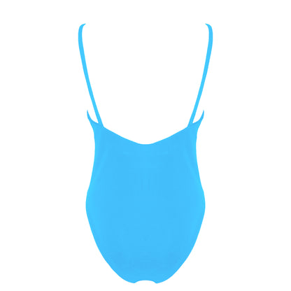 Back view of acqua blue simplistic plunging v-neck one piece swimsuit with a low v-back, high cut legs and full coverage.