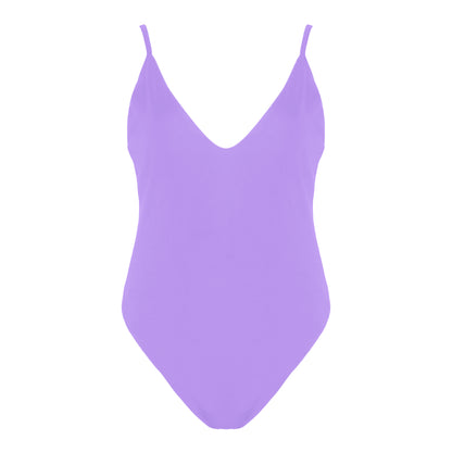 Lavender simplistic plunging v-neck one piece swimsuit with a low v-back, high cut legs and full coverage.