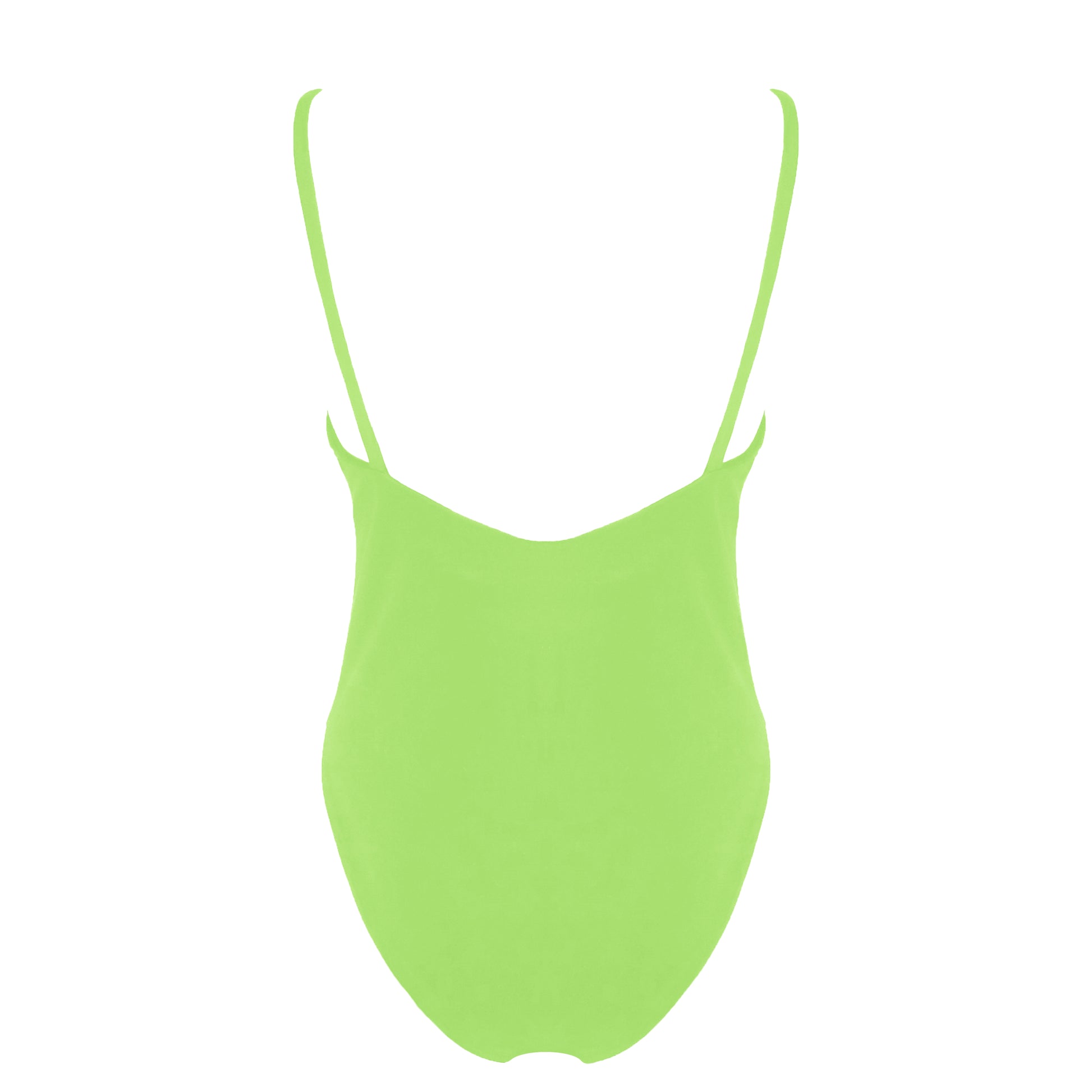 Back view of light neon green simplistic plunging v-neck one piece swimsuit with a low v-back, high cut legs and full coverage.