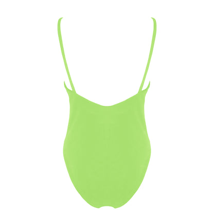 Back view of light neon green simplistic plunging v-neck one piece swimsuit with a low v-back, high cut legs and full coverage.