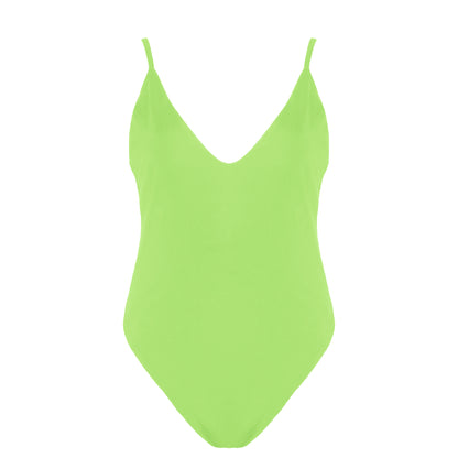 Light neon green simplistic plunging v-neck one piece swimsuit with a low v-back, high cut legs and full coverage.