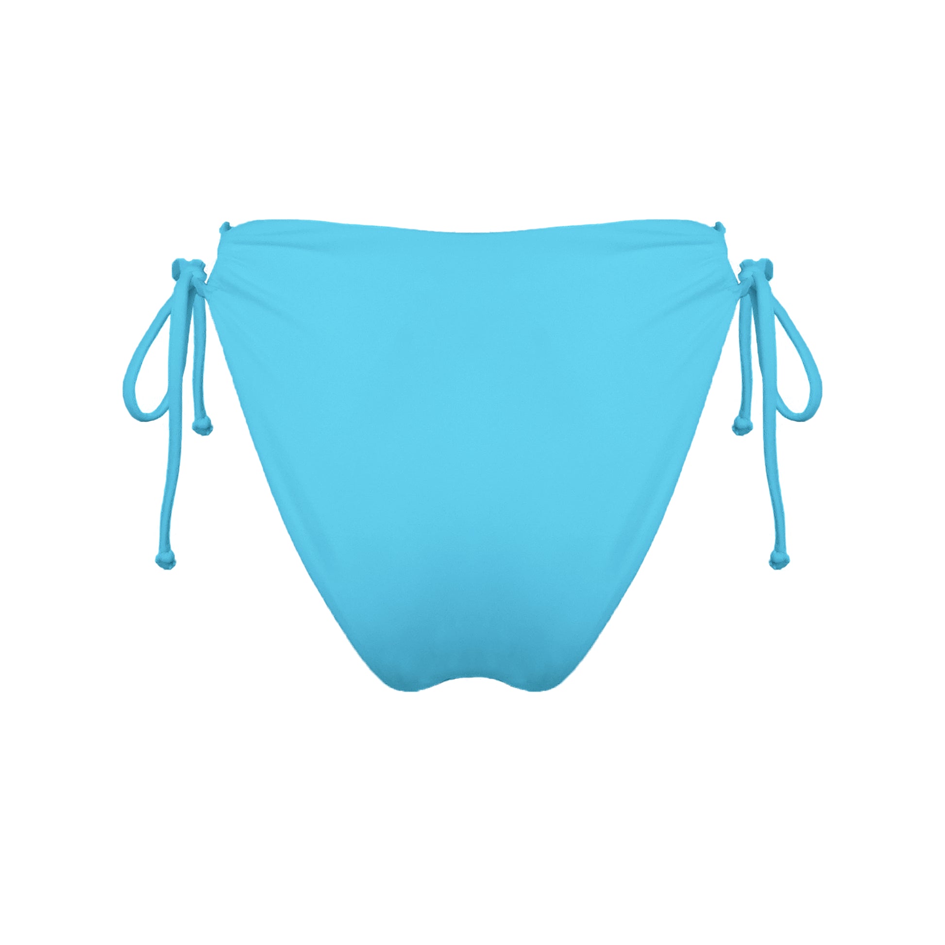 Back view of acqua blue strappy mid-rise bikini bottoms with high cut legs and cheeky coverage.