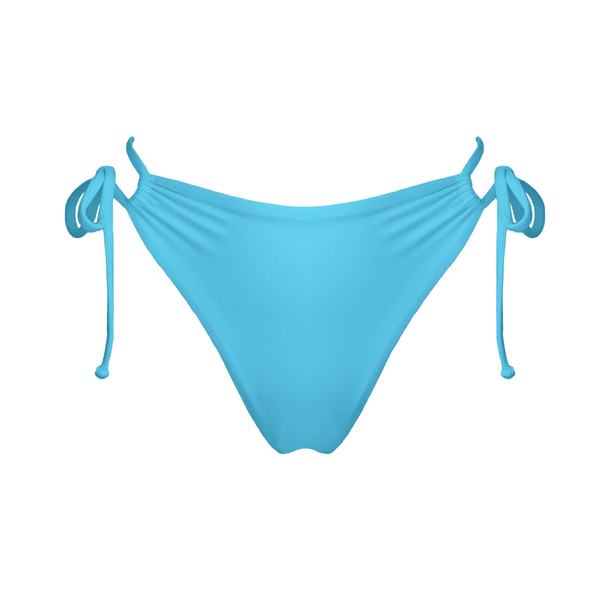 Acqua blue strappy mid-rise bikini bottoms with high cut legs and cheeky coverage.