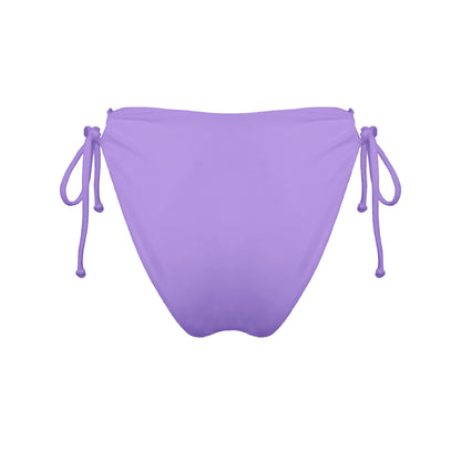 Back view of pastel purple strappy mid-rise bikini bottoms with high cut legs and cheeky coverage.