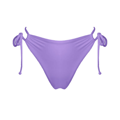 Pastel purple strappy mid-rise bikini bottoms with high cut legs and cheeky coverage.