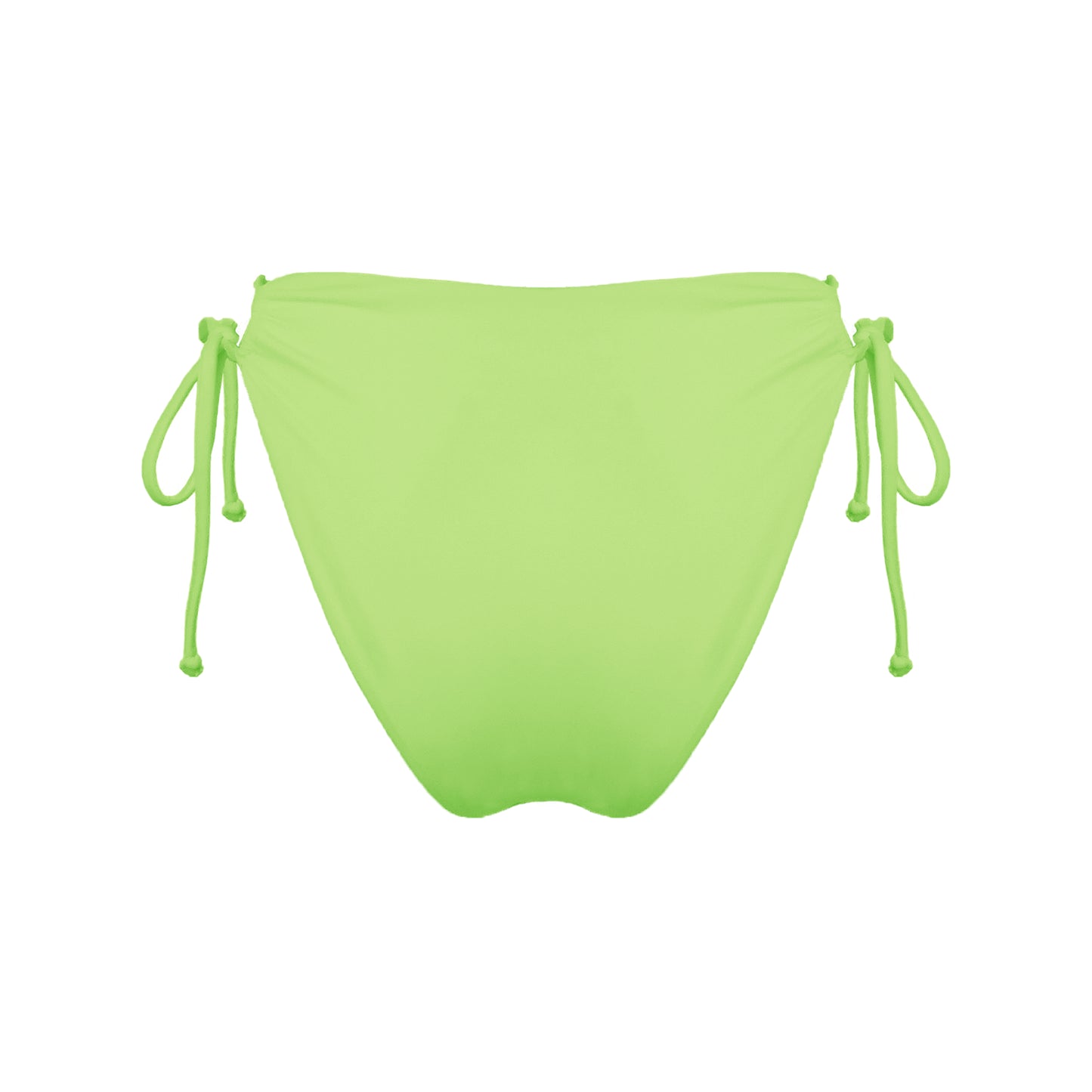 Back view of light neon green strappy mid-rise bikini bottoms with high cut legs and cheeky coverage.