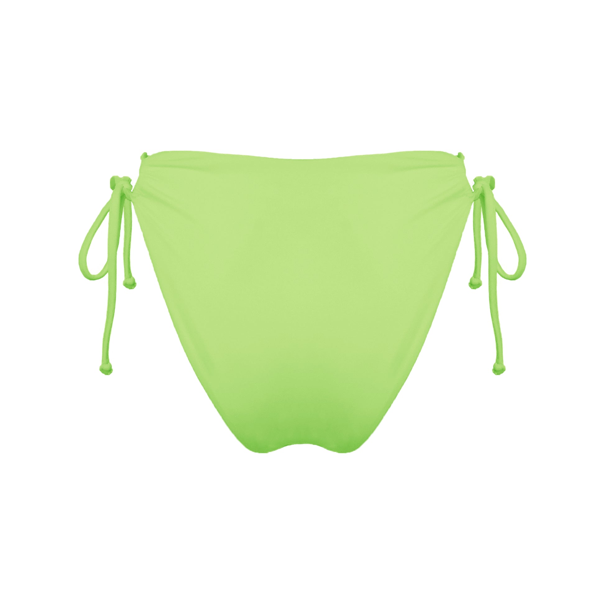 Back view of light neon green strappy mid-rise bikini bottoms with high cut legs and cheeky coverage.