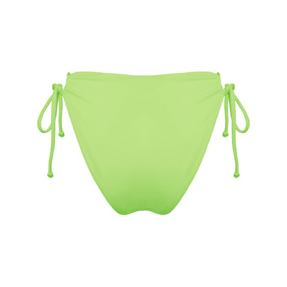 Back view of light neon green strappy mid-rise bikini bottoms with high cut legs and cheeky coverage.