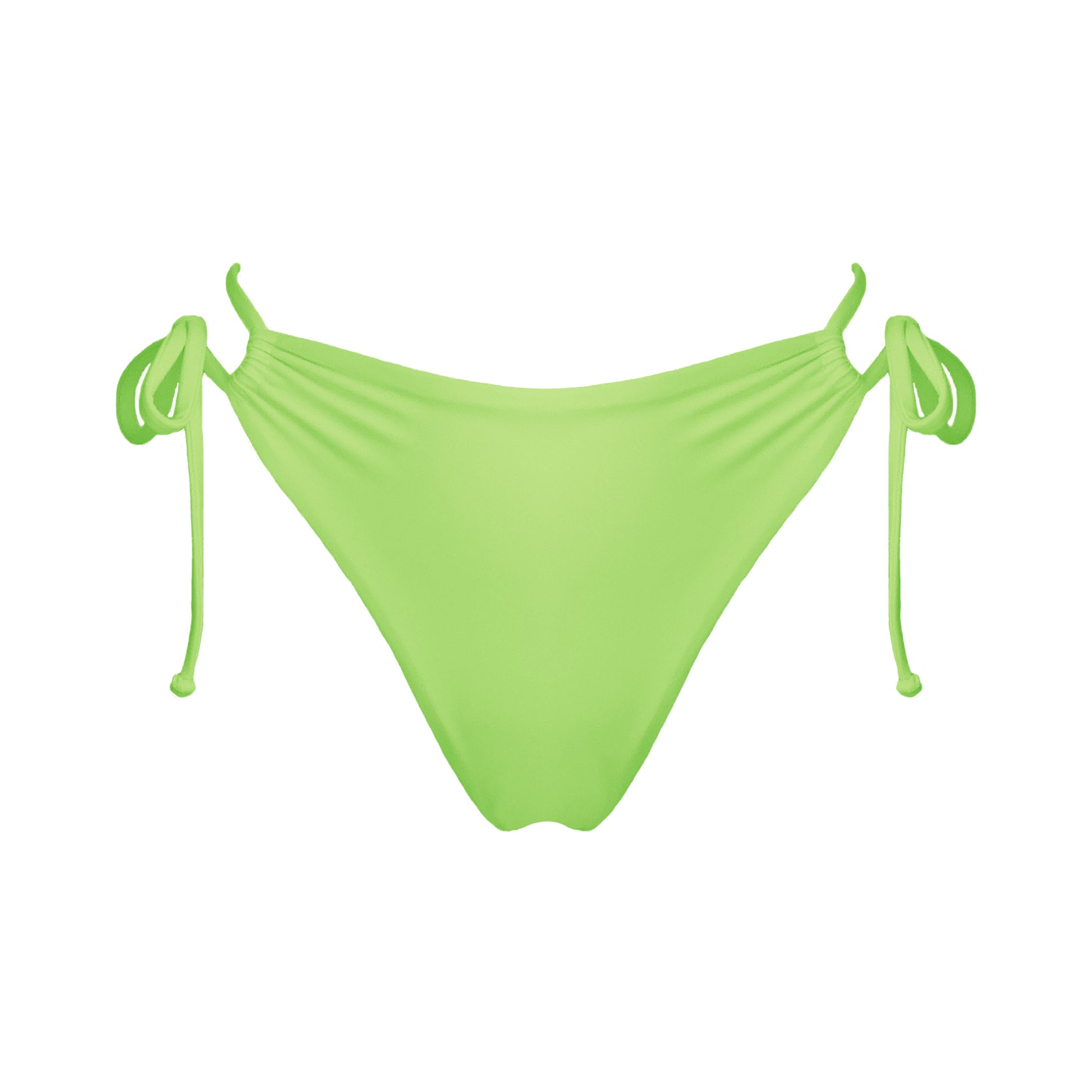 Light neon green strappy mid-rise bikini bottoms with high cut legs and cheeky coverage.