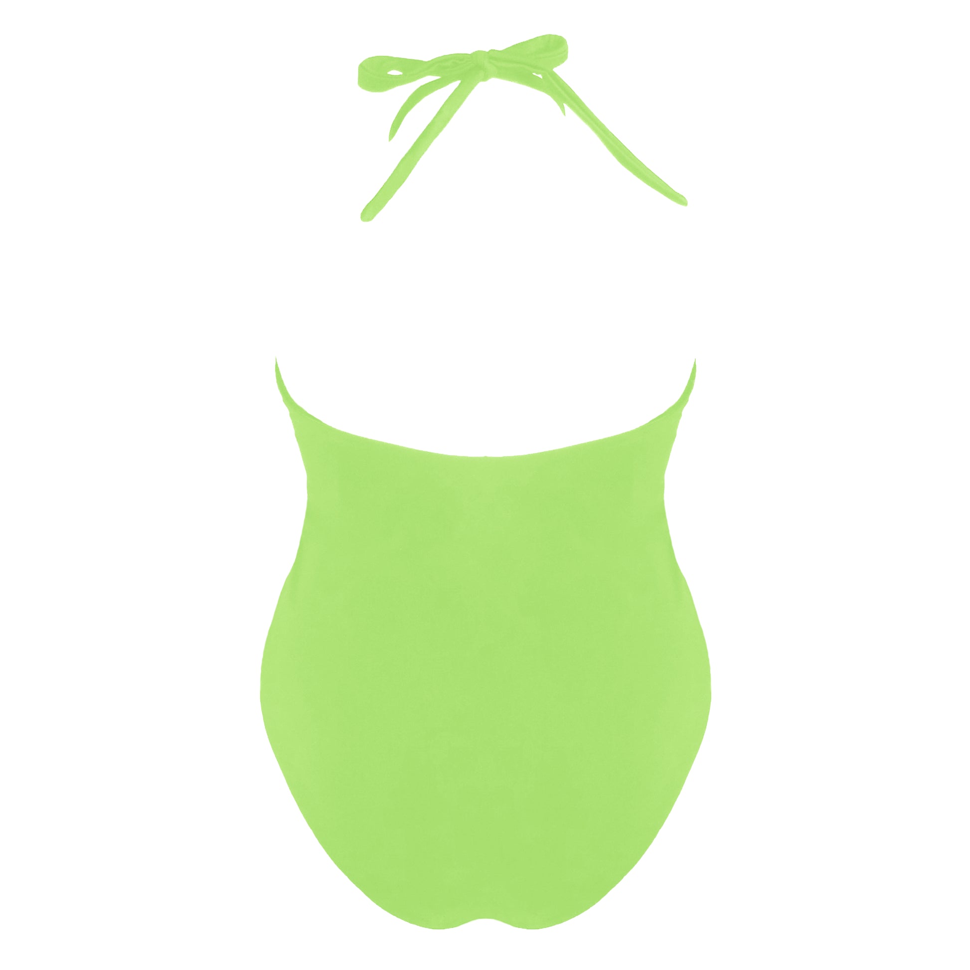 Back view of light neon green elevated halter one piece swimsuit with versatile cross front tie neck straps, keyhole neckline, high cut legs and full coverage.