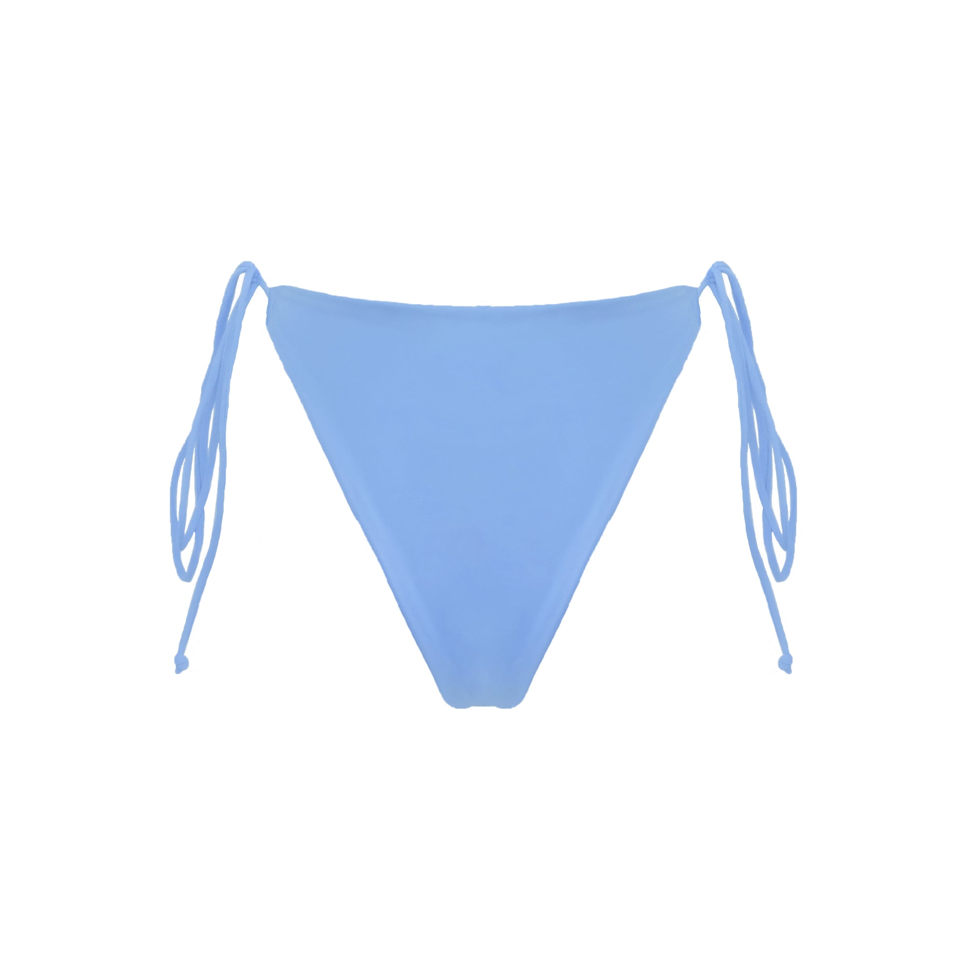 Back view of periwinkle blue Ravello bikini bottom with adjustable side tie straps and cheeky bum coverage.